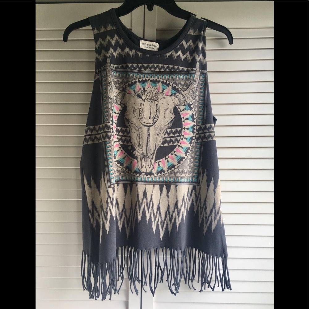 Cow Skull Tank w/Fringe, Western Tank, Size S